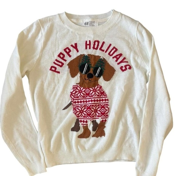 Christmas Sweater youth 12/14 H&M white and red puppy holiday sweater. - Picture 1 of 5